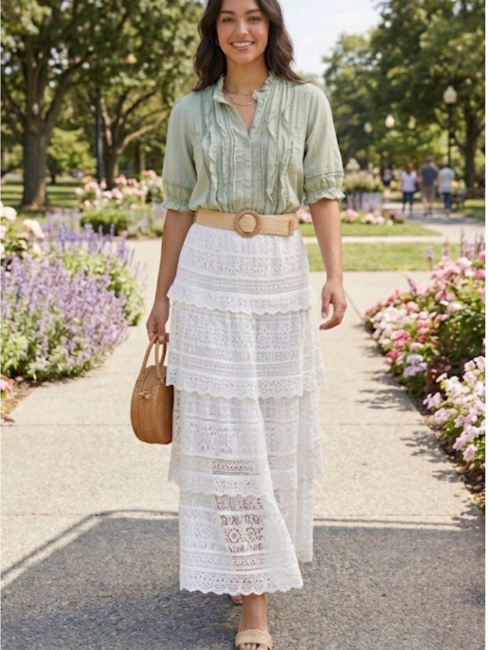 JP and Mattie Light Sage Ruffle-Trim Blouse